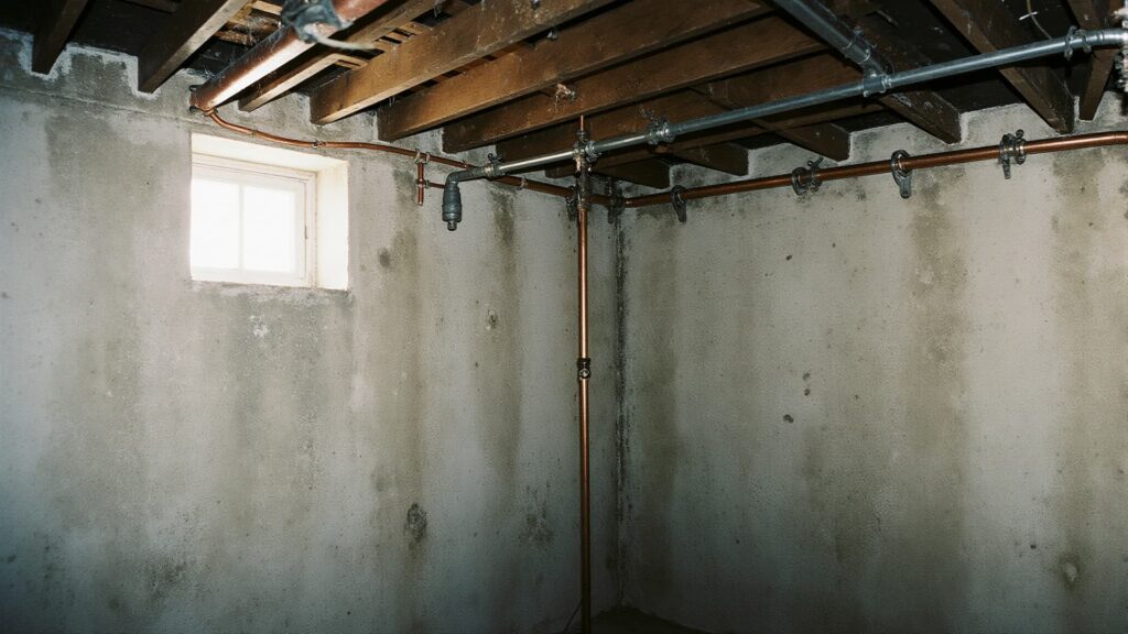 Damp basement in a Boston home with moisture on concrete walls