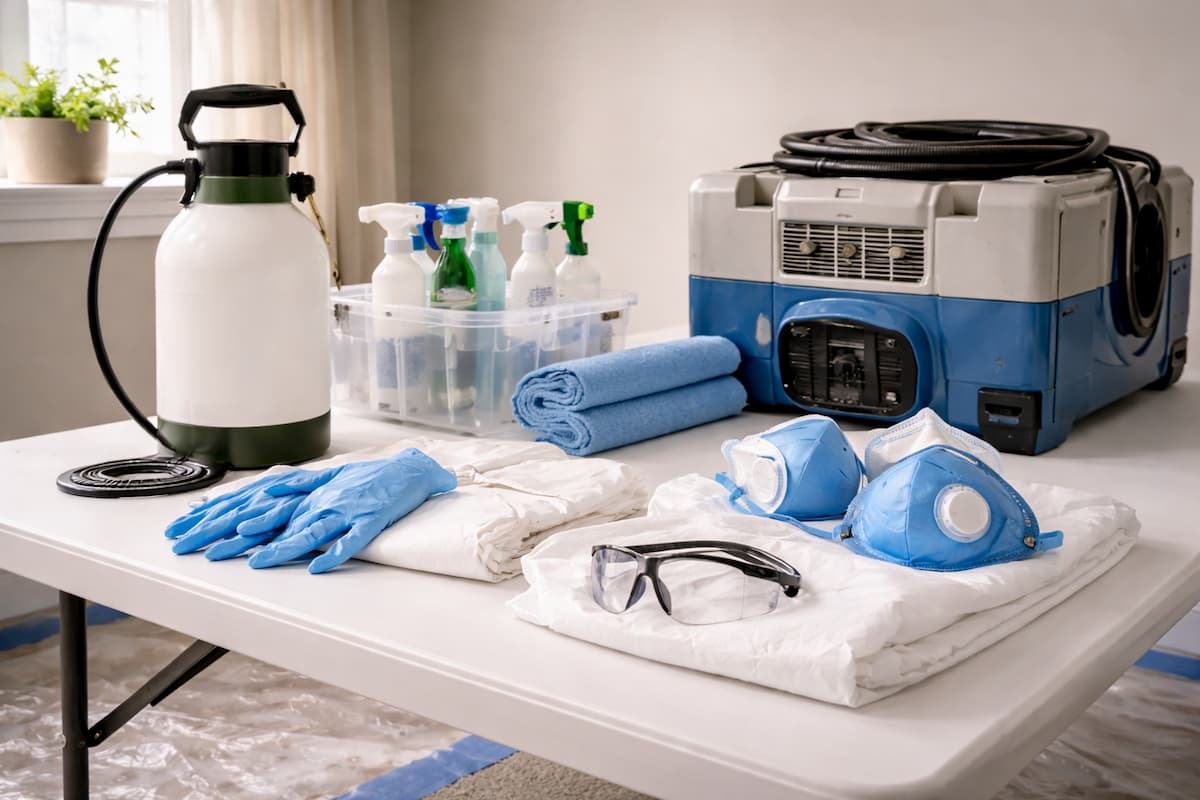 Professional PPE and sanitation supplies staged for septic backup cleanup and disinfection in Boston