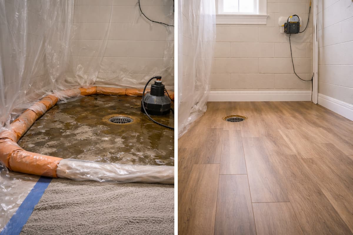 Contained septic backup cleanup area near a floor drain with protective plastic and extraction setup in a Boston home