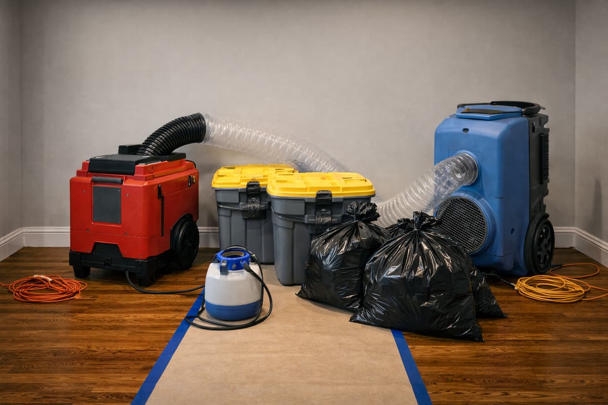 Category 3 cleanup staging with sanitation equipment, containment supplies, and waste removal bags