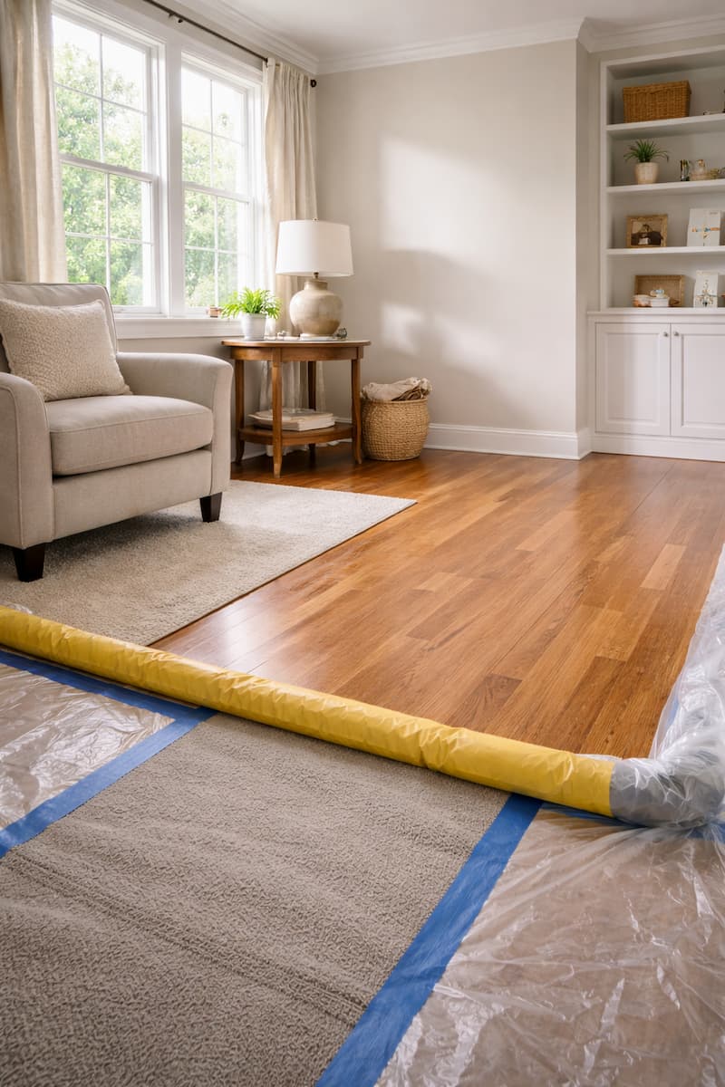 Contained septic backup cleanup area near a floor drain with protective plastic and extraction setup in a Boston home