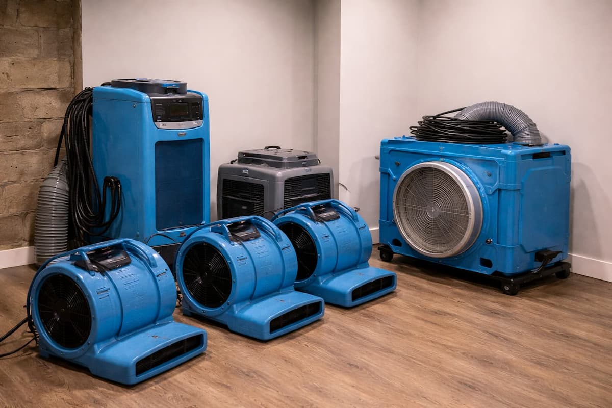 Professional basement sewage cleanup equipment staged for remediation in Boston