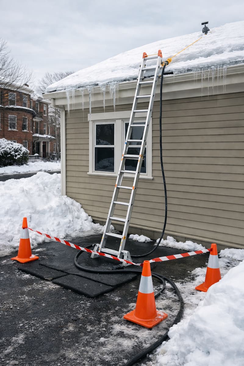 Ice dam removal access setup — Boston roof-safe methods