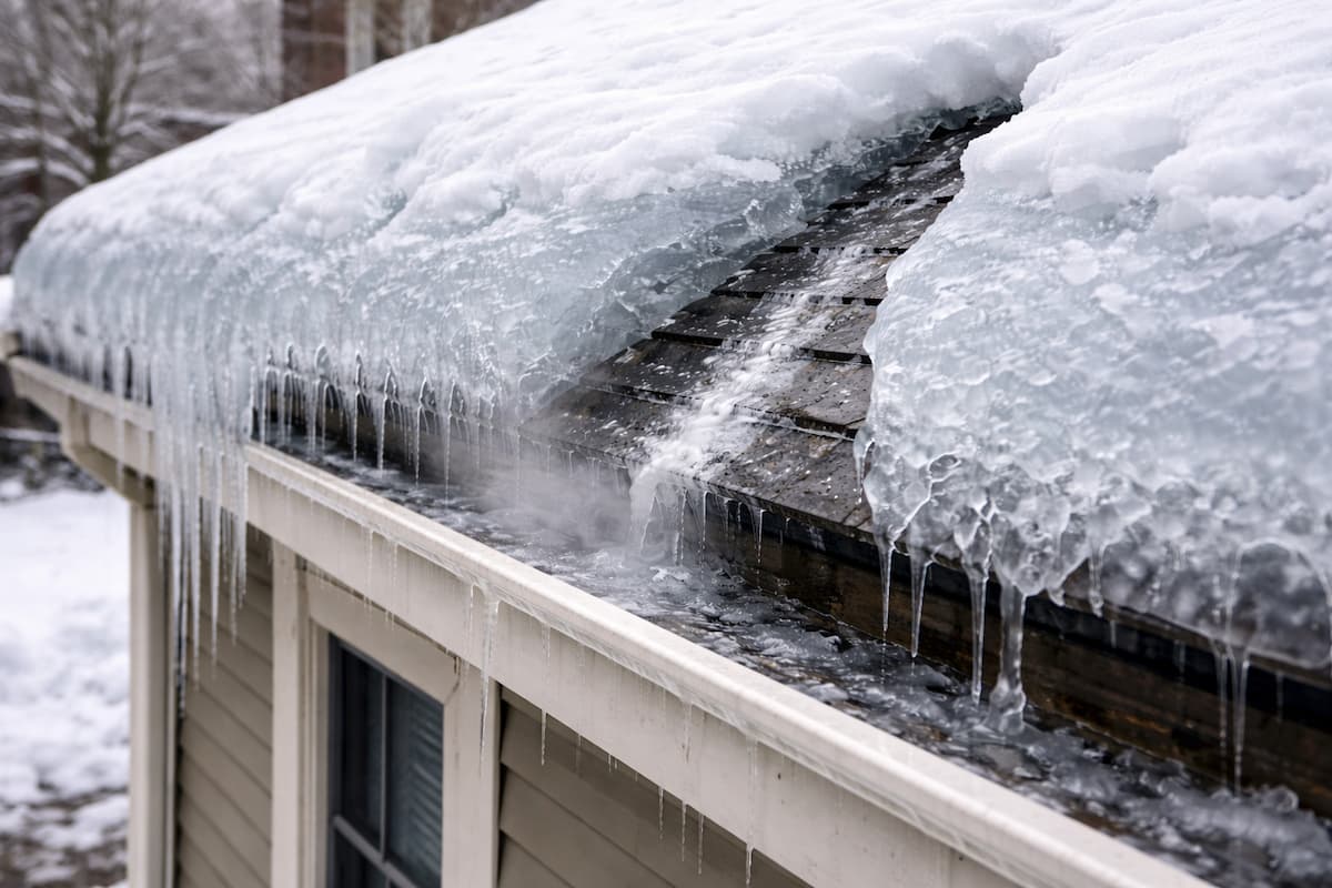 Close-up of an ice dam at the eaves with a clean drainage channel opened using steam in Boston