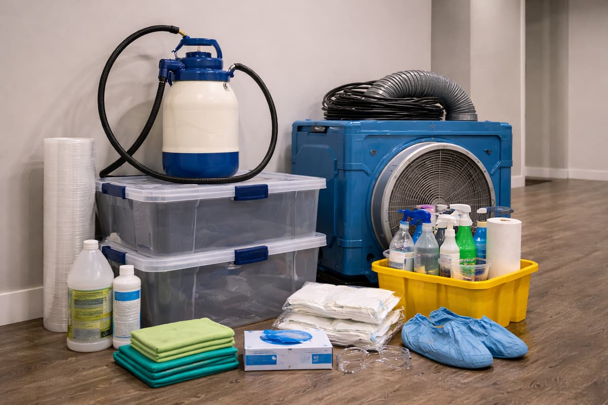 Basement septic backup remediation supplies and drying equipment in Boston