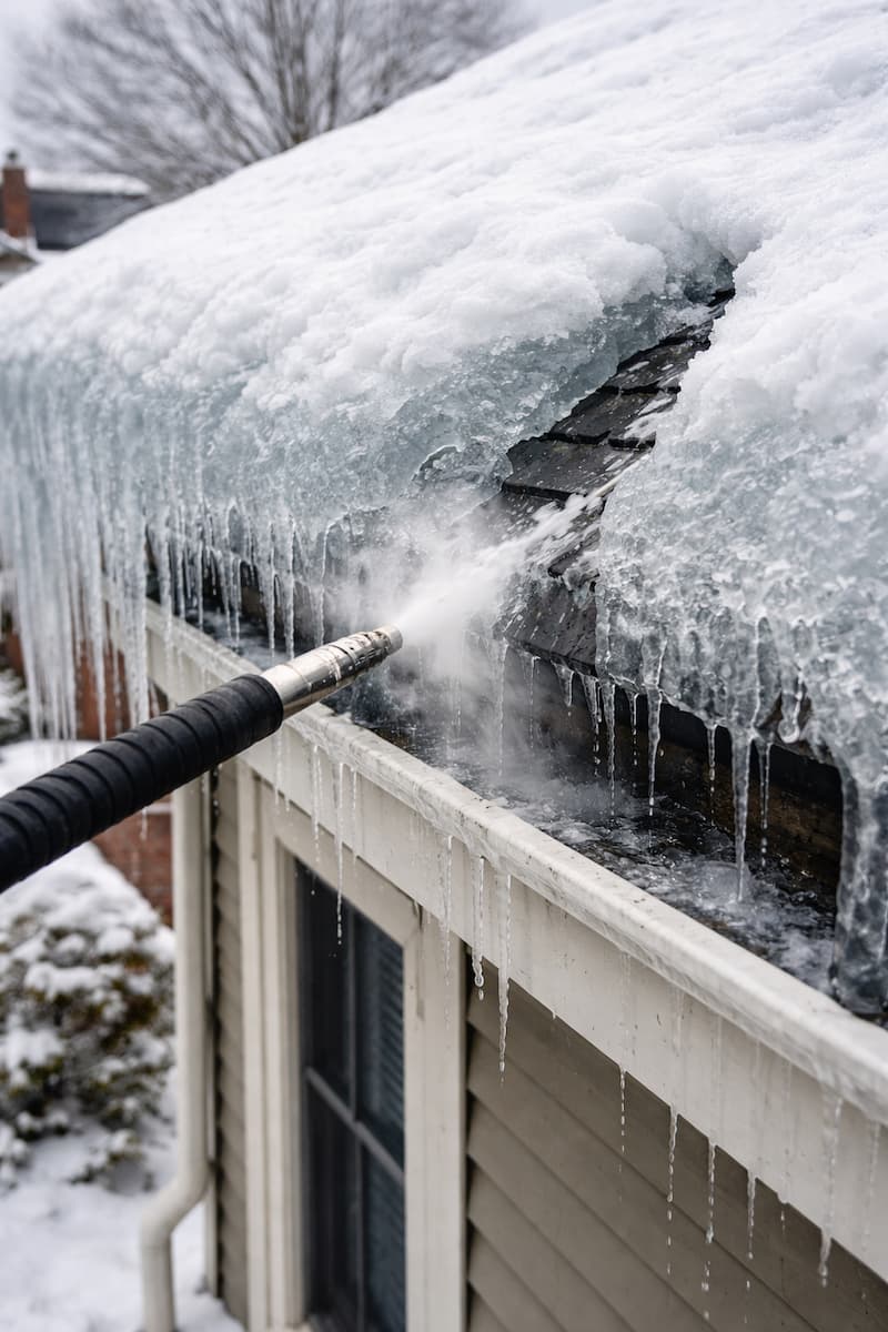 Steam ice dam removal at a Boston roof edge creating a safe drainage channel along the eaves