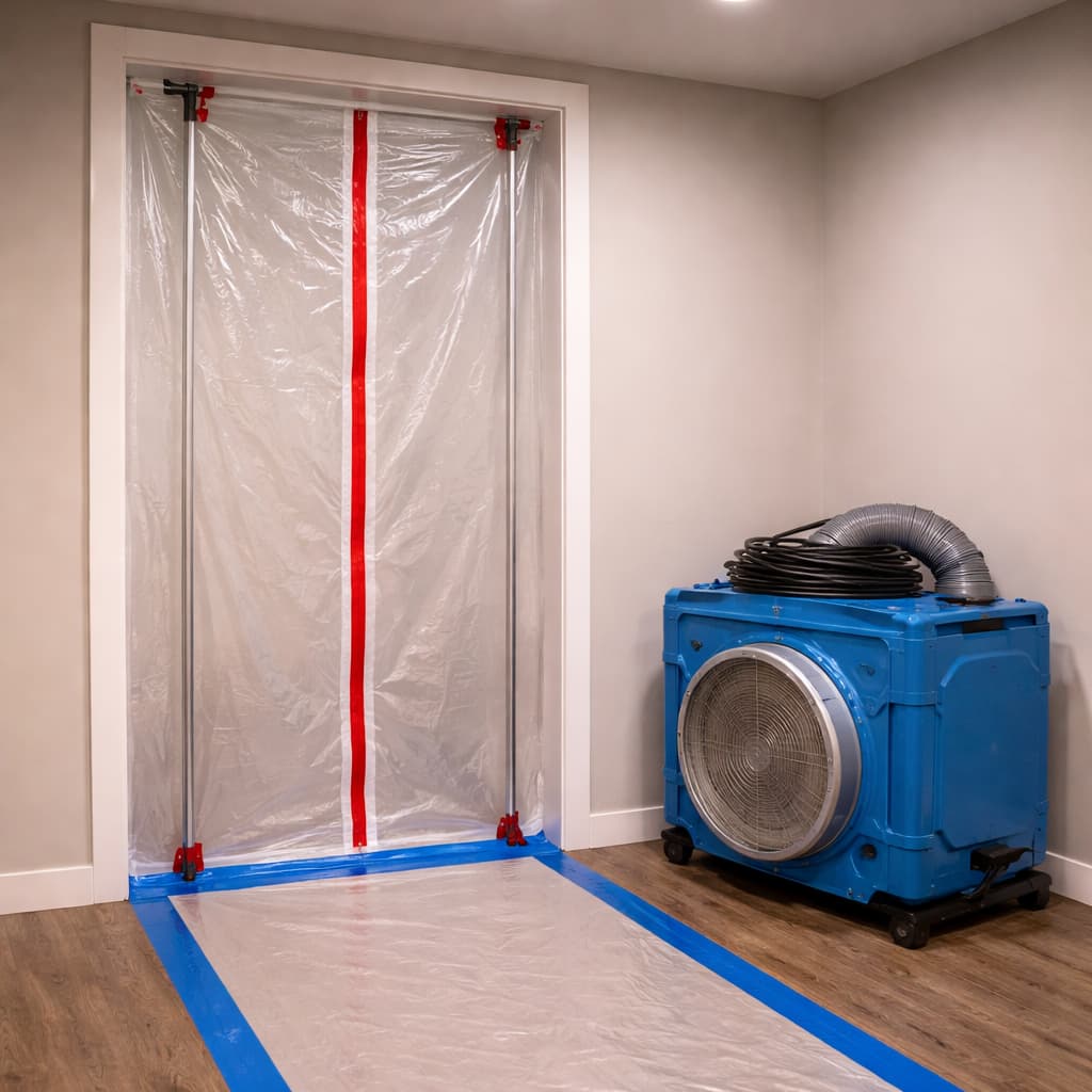 Basement septic backup cleanup in Boston with containment barrier and air mover