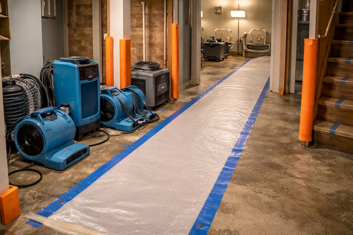 Basement sewage cleanup setup in Boston with air scrubbers and protected pathways