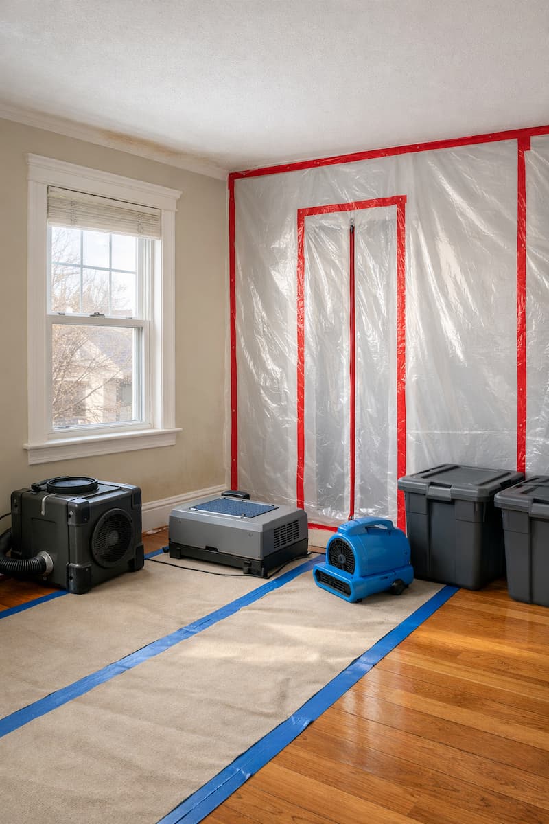 Ice dam water damage cleanup work zone with protected floors and controlled drying setup in a Boston home