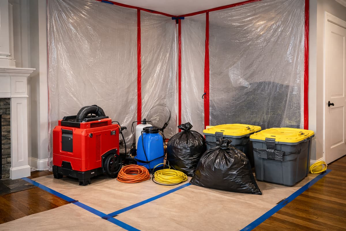 Staged tools and supplies for safe removal, disinfection, and odor-control in Category 3 conditions.