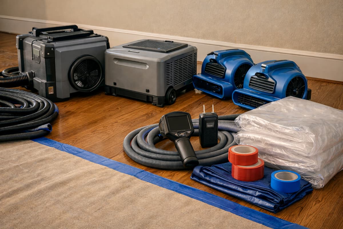 Water damage cleanup equipment staged for ice dam leak mitigation in Boston, including drying and moisture inspection tools