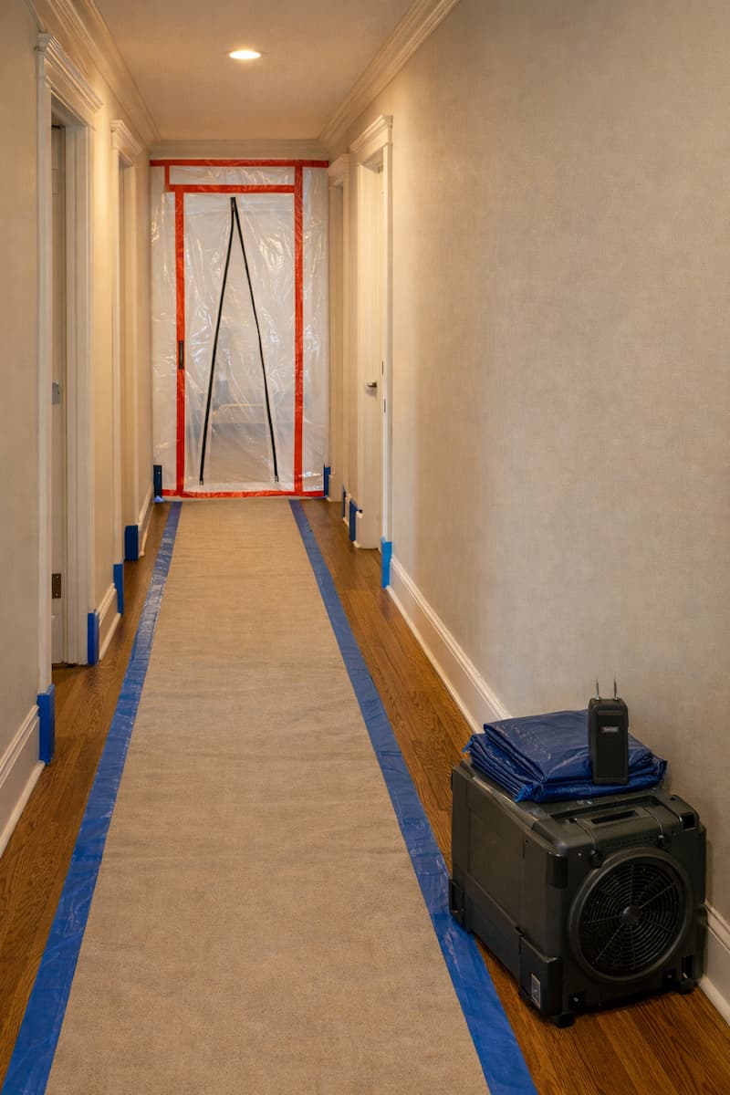 Protected pathway and floor covering during ice dam leak cleanup and water mitigation in Boston