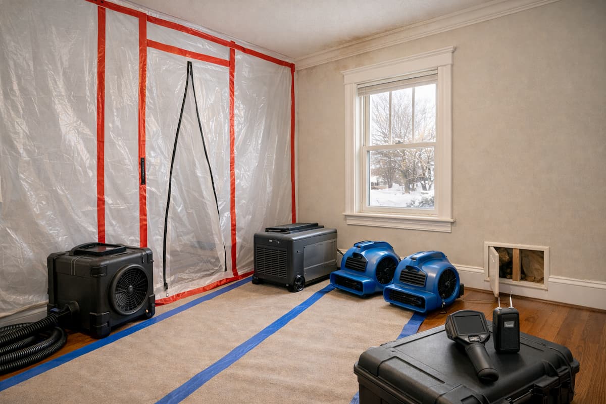 Restoration staging area for ice dam water damage cleanup with air movers, dehumidification setup, and protective supplies