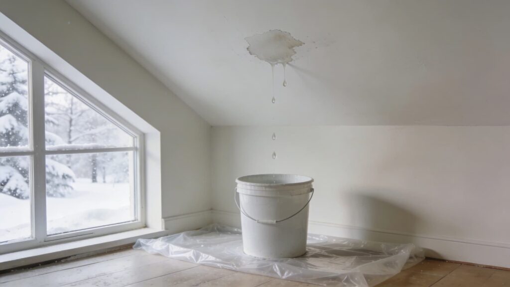 Ceiling leak after a snowstorm with water dripping into a bucket in a winter home interior