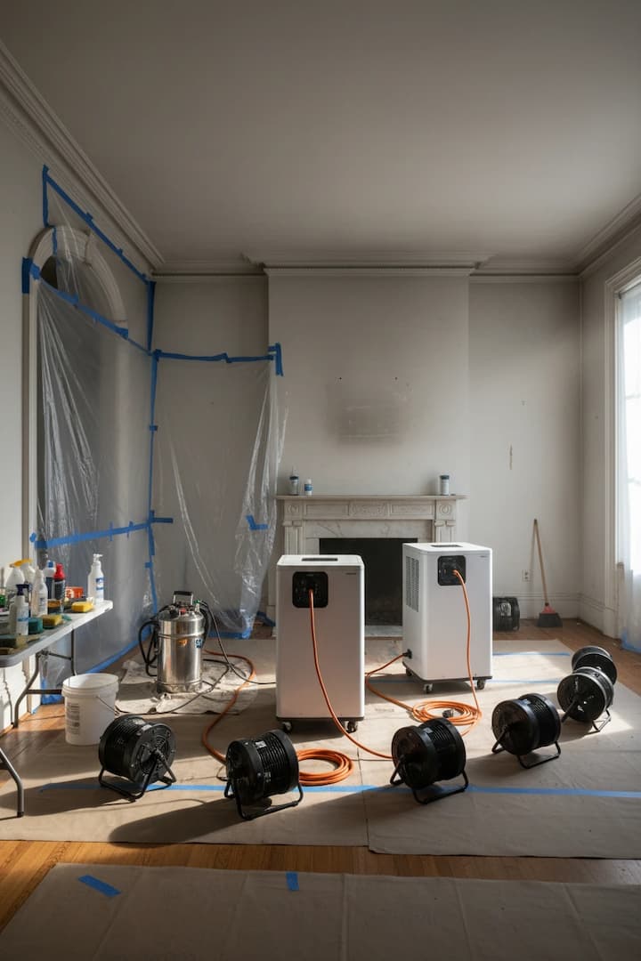 Air scrubber and equipment setup for smoke damage restoration