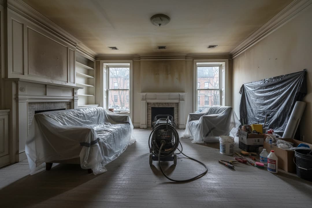 Living room context affected by smoke contamination and restoration work