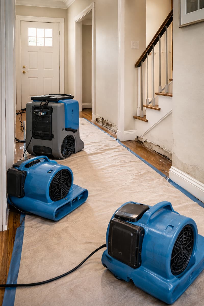 Emergency water damage response setup inside a Boston-area home