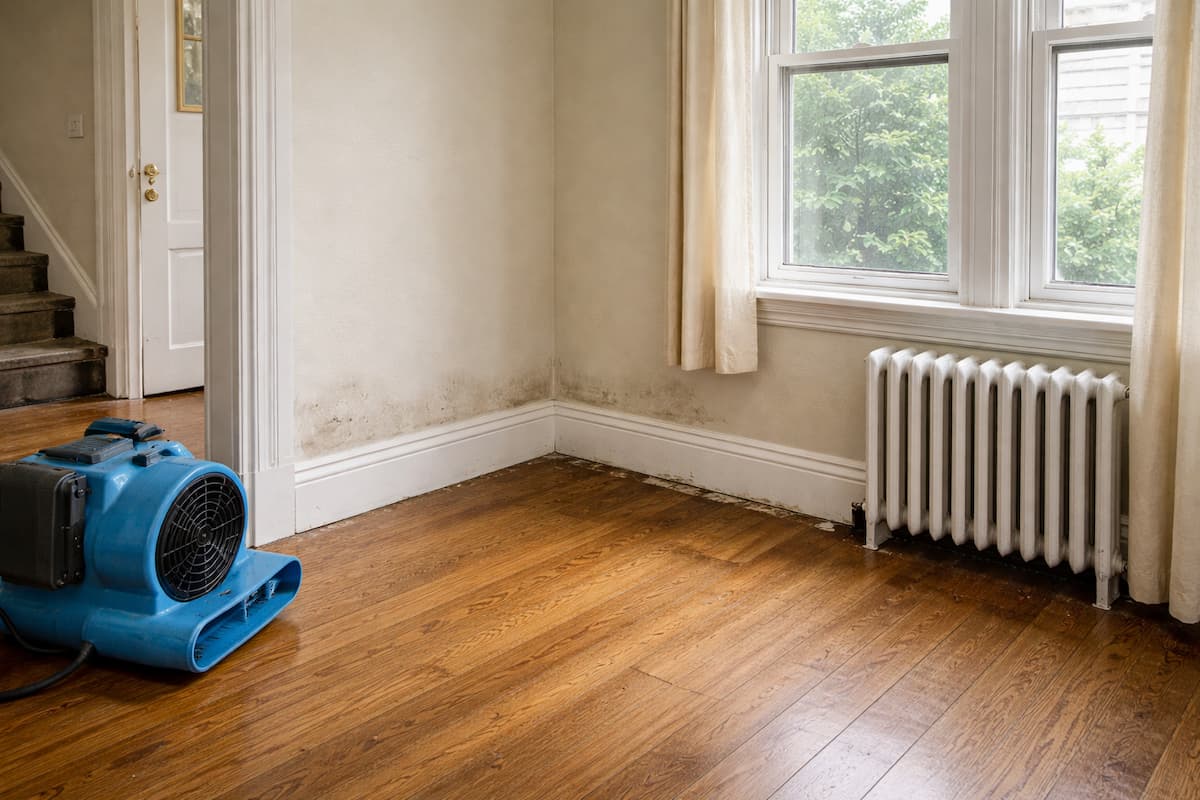 Subtle water damage inside an older Boston home with traditional trim and hardwood flooring