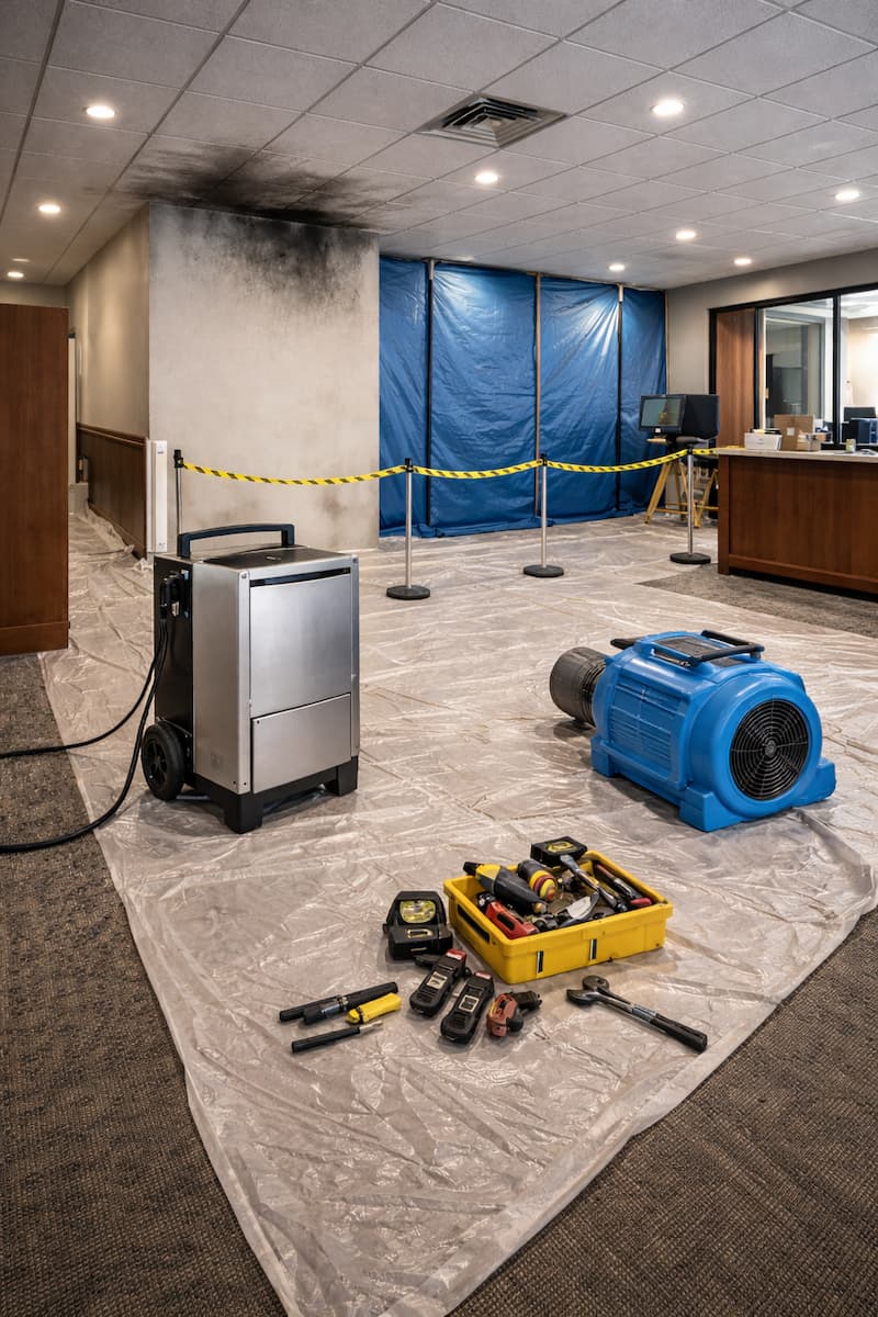 Commercial interior under controlled fire damage restoration in Boston