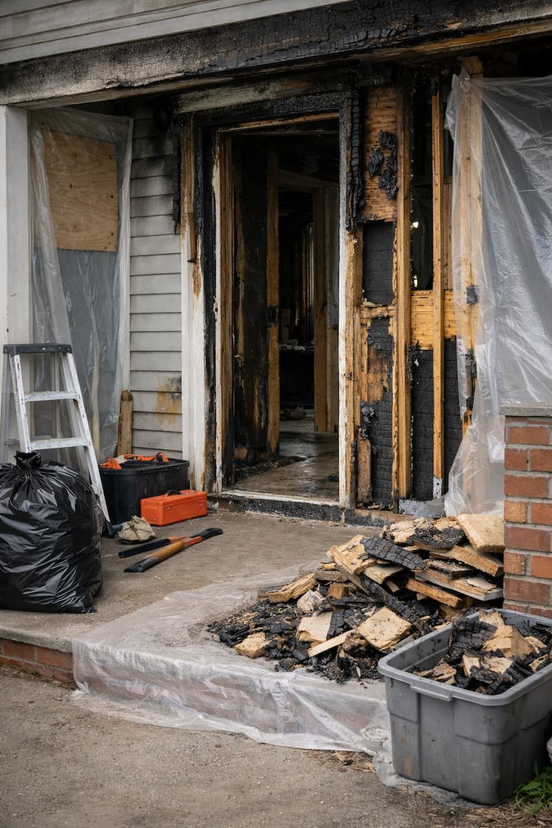 Fire damage cleanup and debris removal setup in Boston