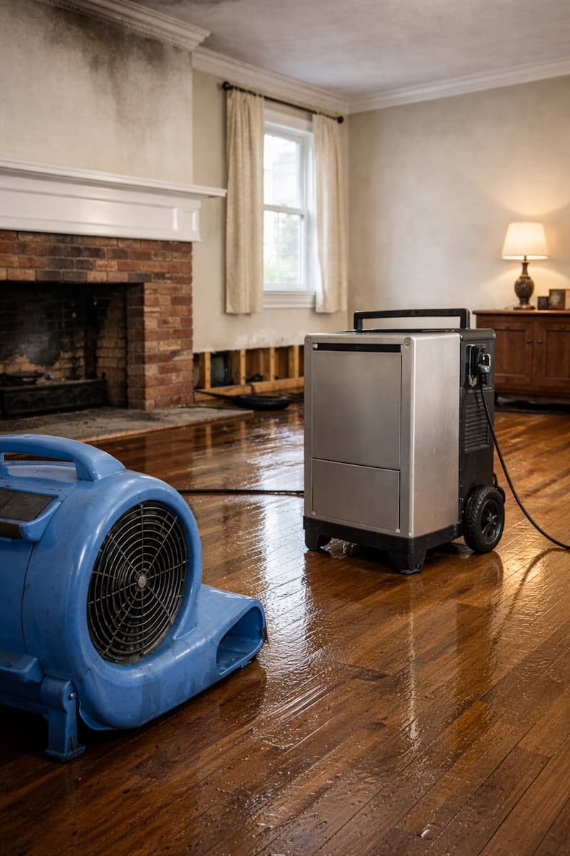 Technicians performing structural drying after firefighting water damage in a Boston property