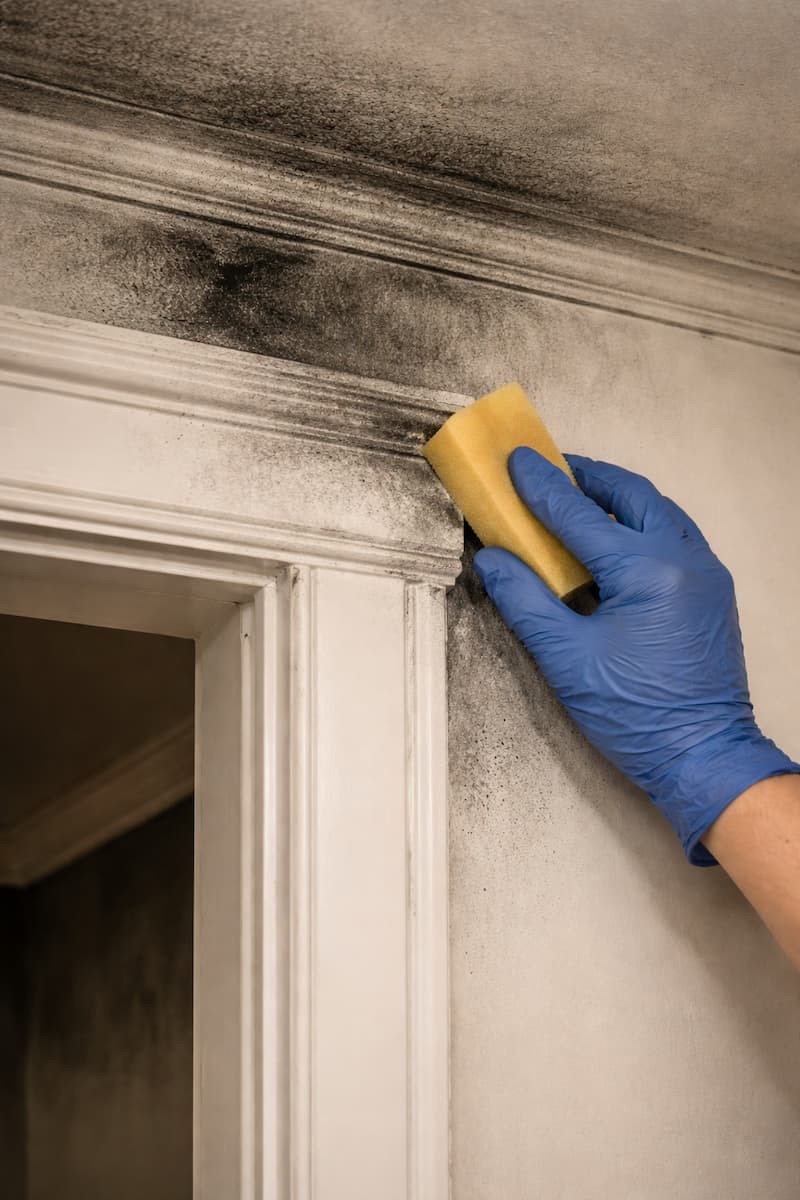 Technician cleaning visible soot and fire residue from interior finish surfaces in a Boston property