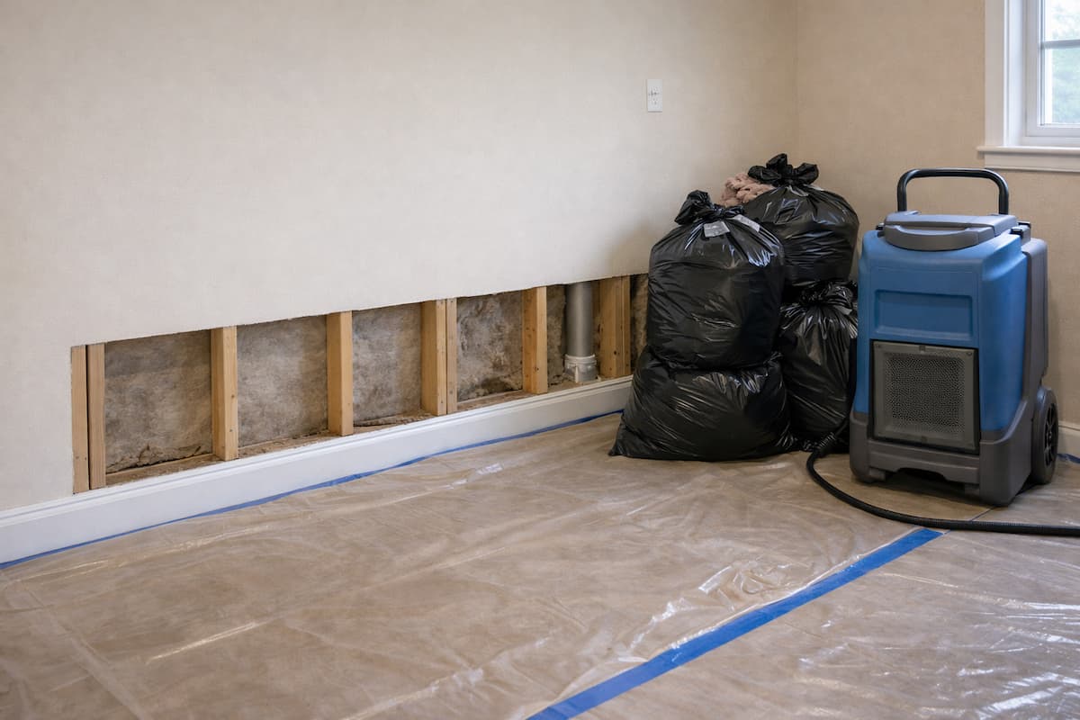 Water damage remediation with opened wall cavity and controlled drying setup