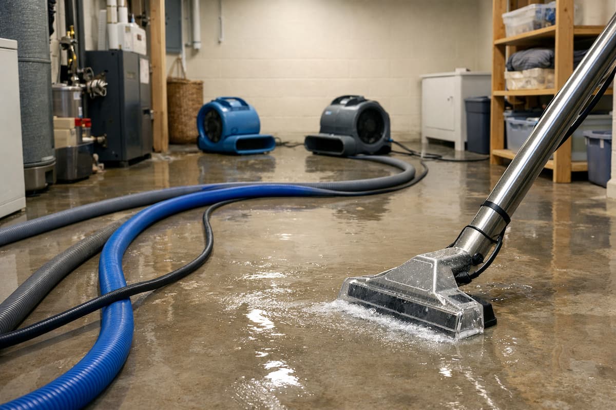 Emergency water removal in a Boston basement with professional extraction equipment