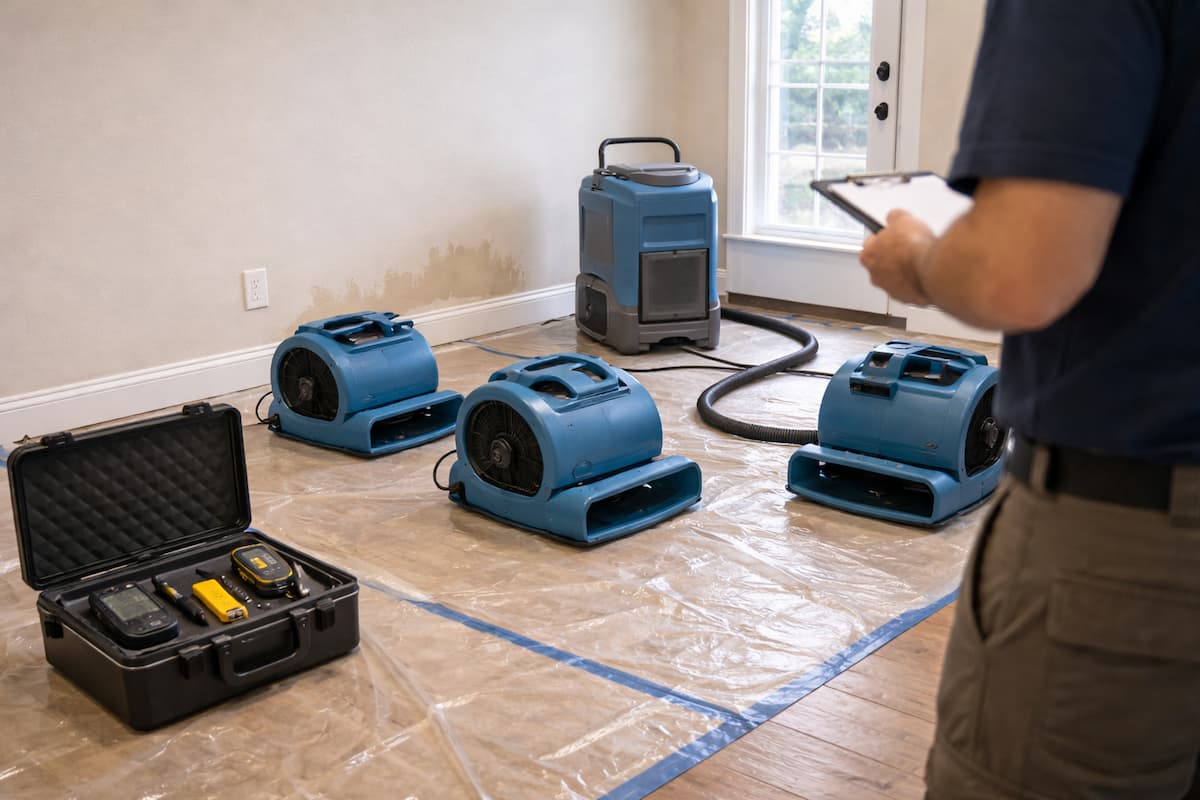 Professional water restoration company setup inside a residential property in Boston