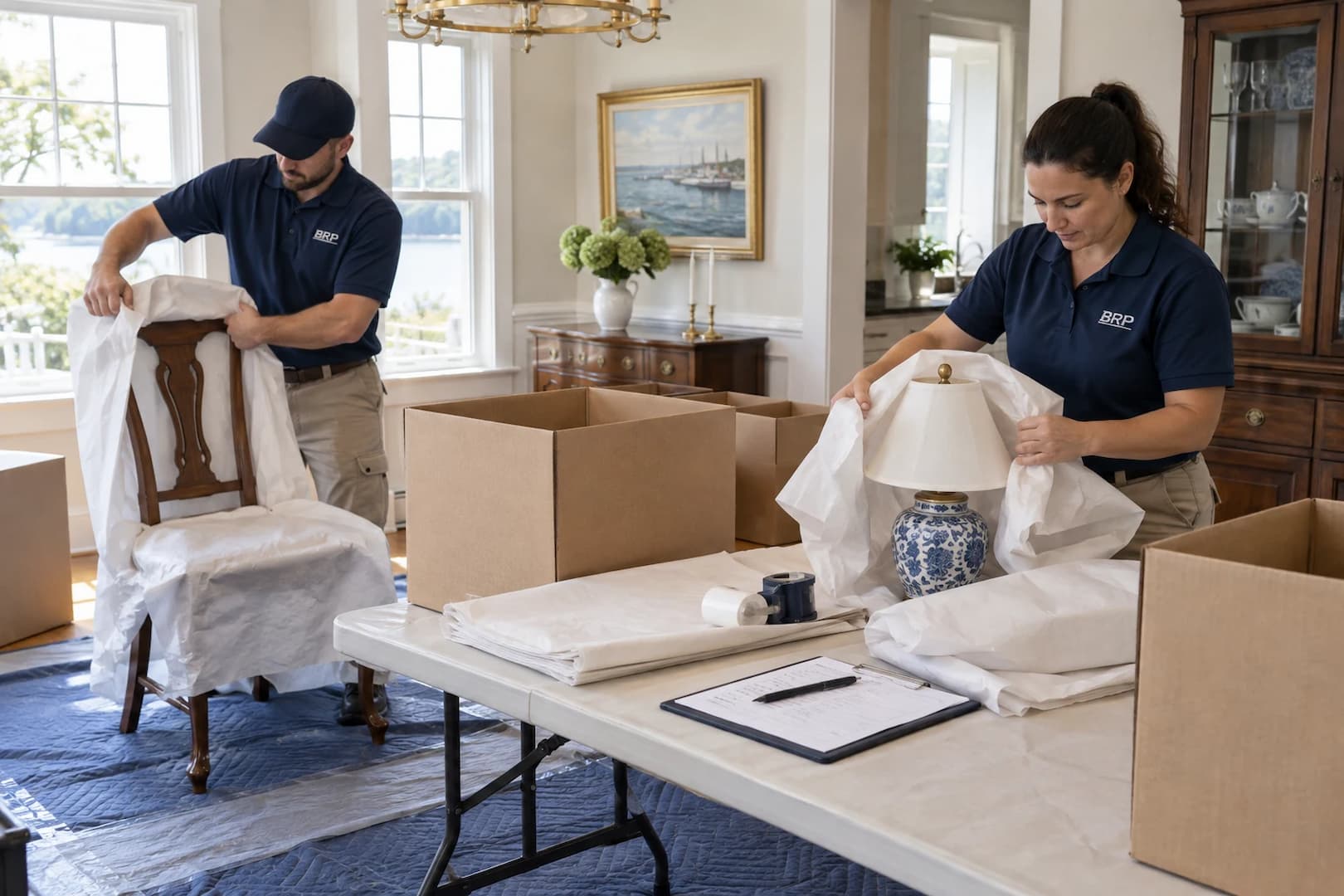 Household belongings being packed and labeled for protected handling