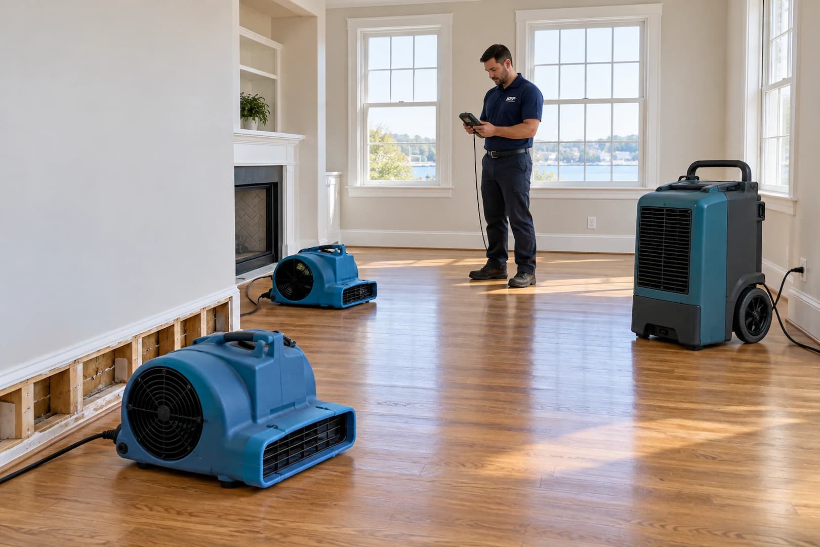 Air movers and a dehumidifier arranged in a finished room