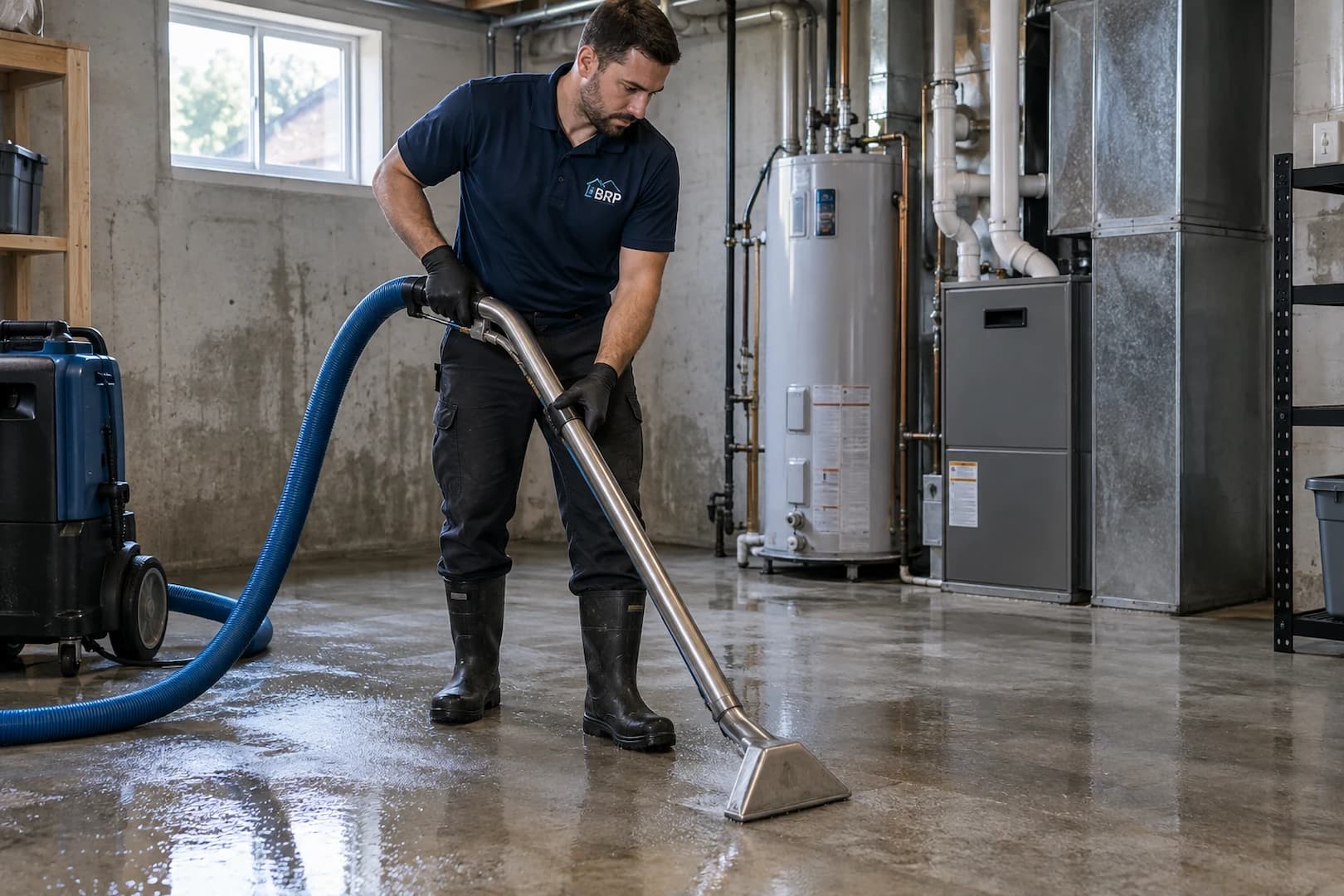 Technician extracting water from a basement floor