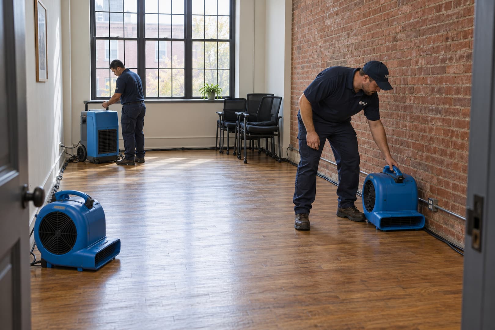 Restoration equipment arranged inside a commercial property with a clear access route.