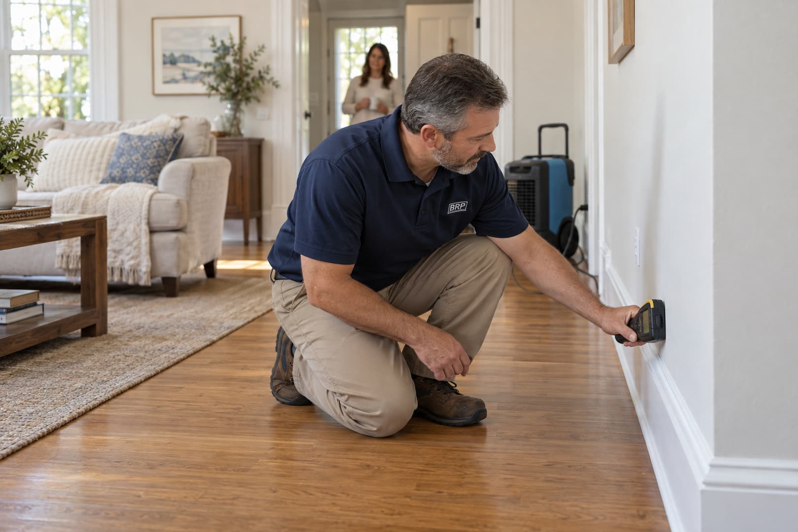 A restoration technician checks an interior wall with a moisture meter.