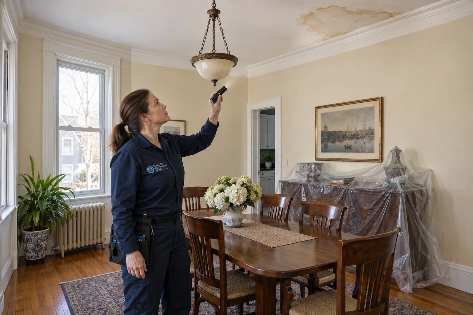 Technician examining a water-stained interior ceiling