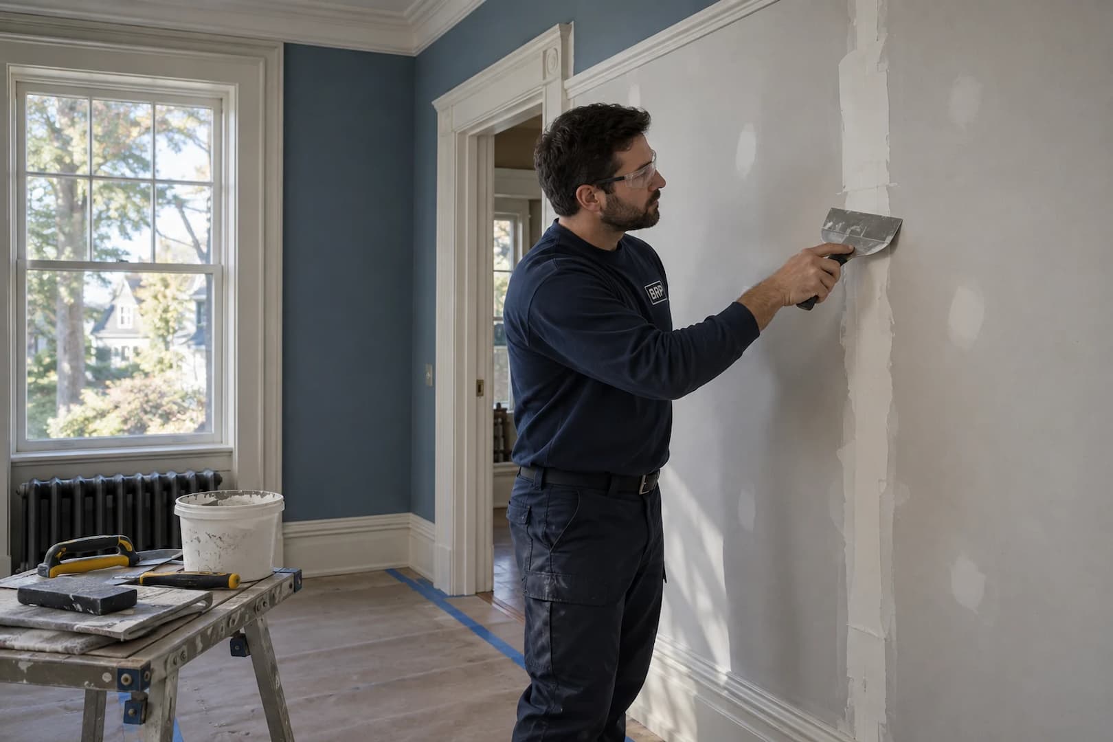 Careful drywall repair in a prepared interior room