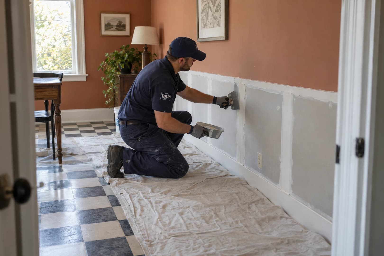 Wall repair work after restoration access and preparation