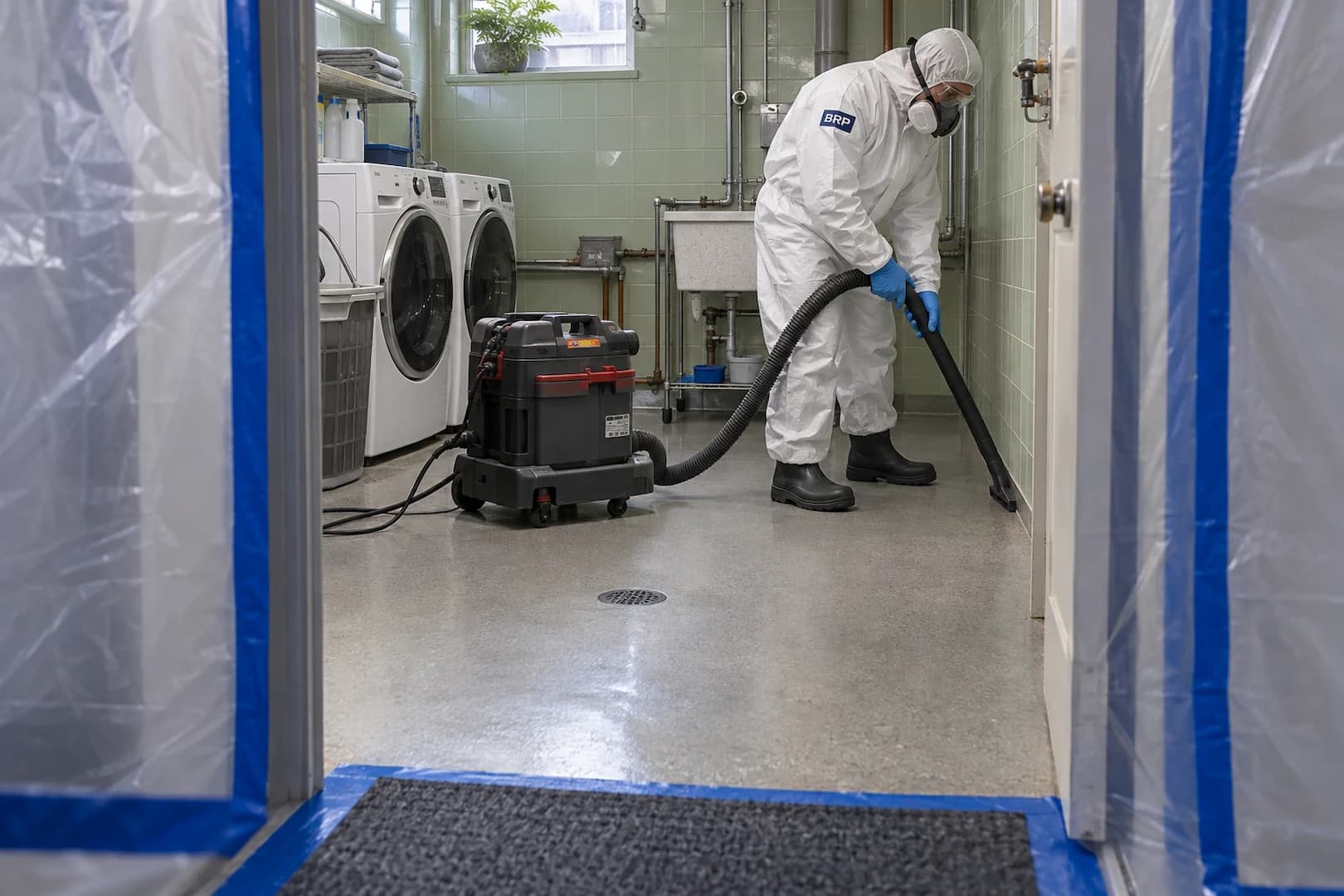 Technician in protective equipment inside a controlled cleanup area