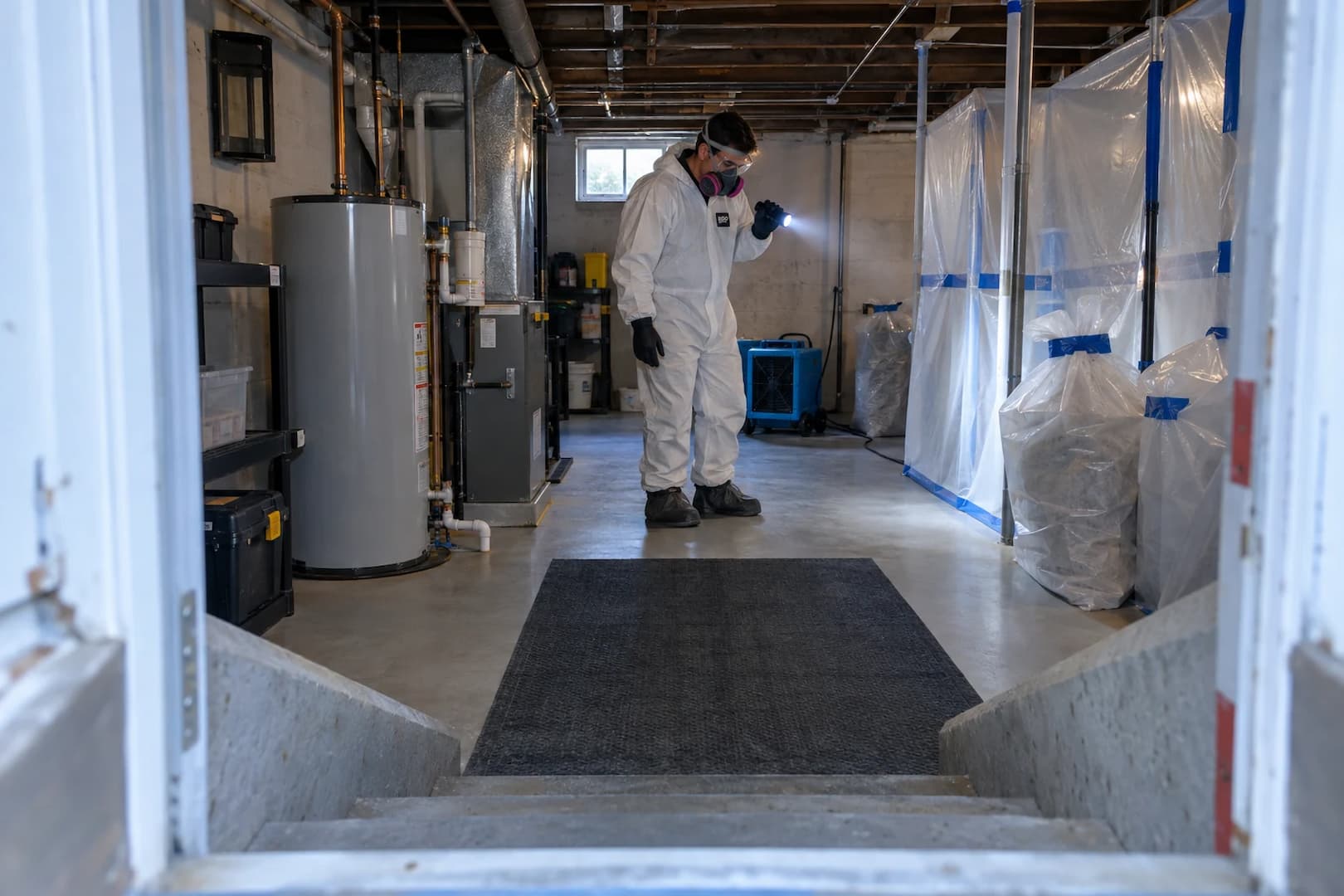 Protective equipment in a controlled restoration cleanup area