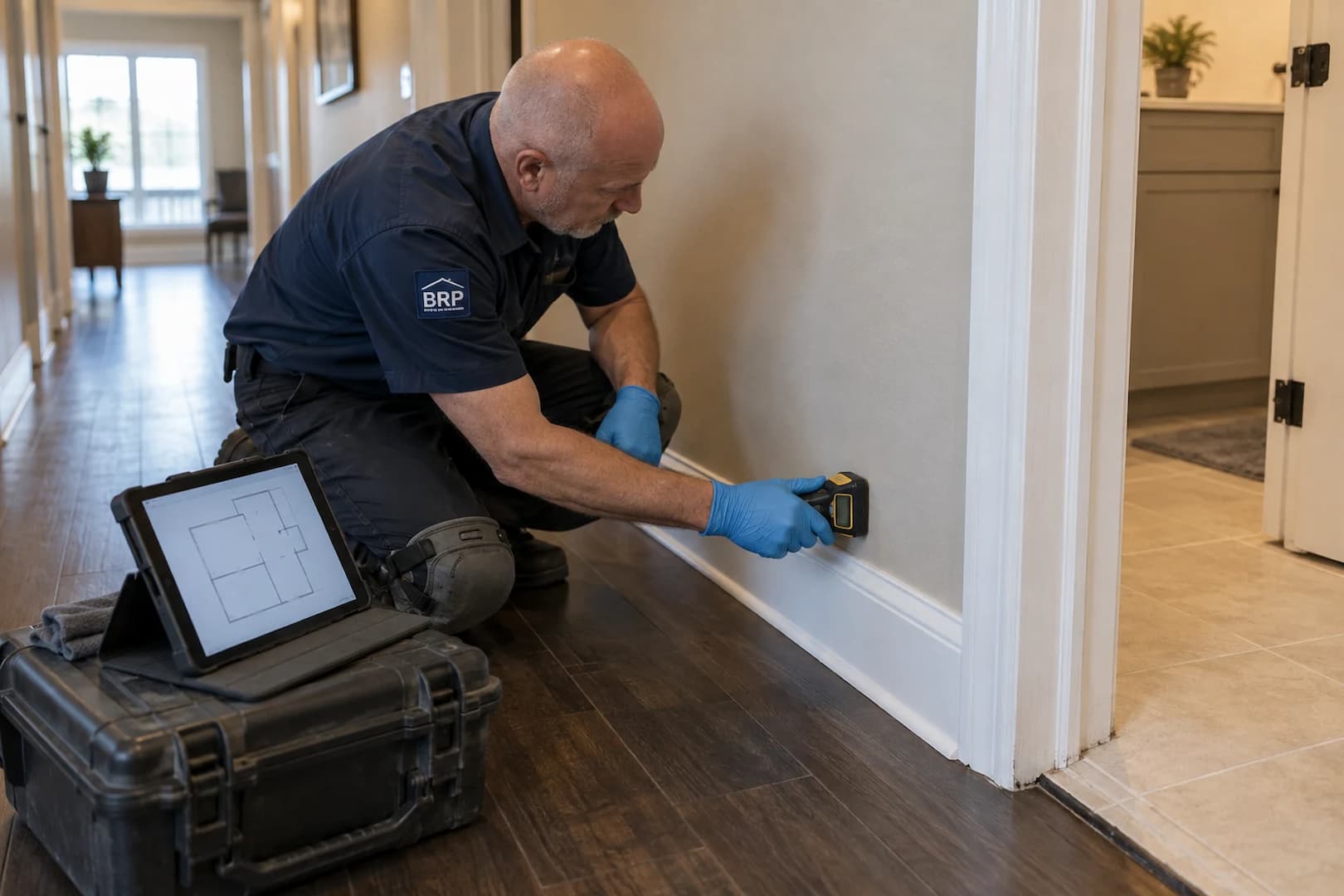 Moisture inspection at the base of an interior wall