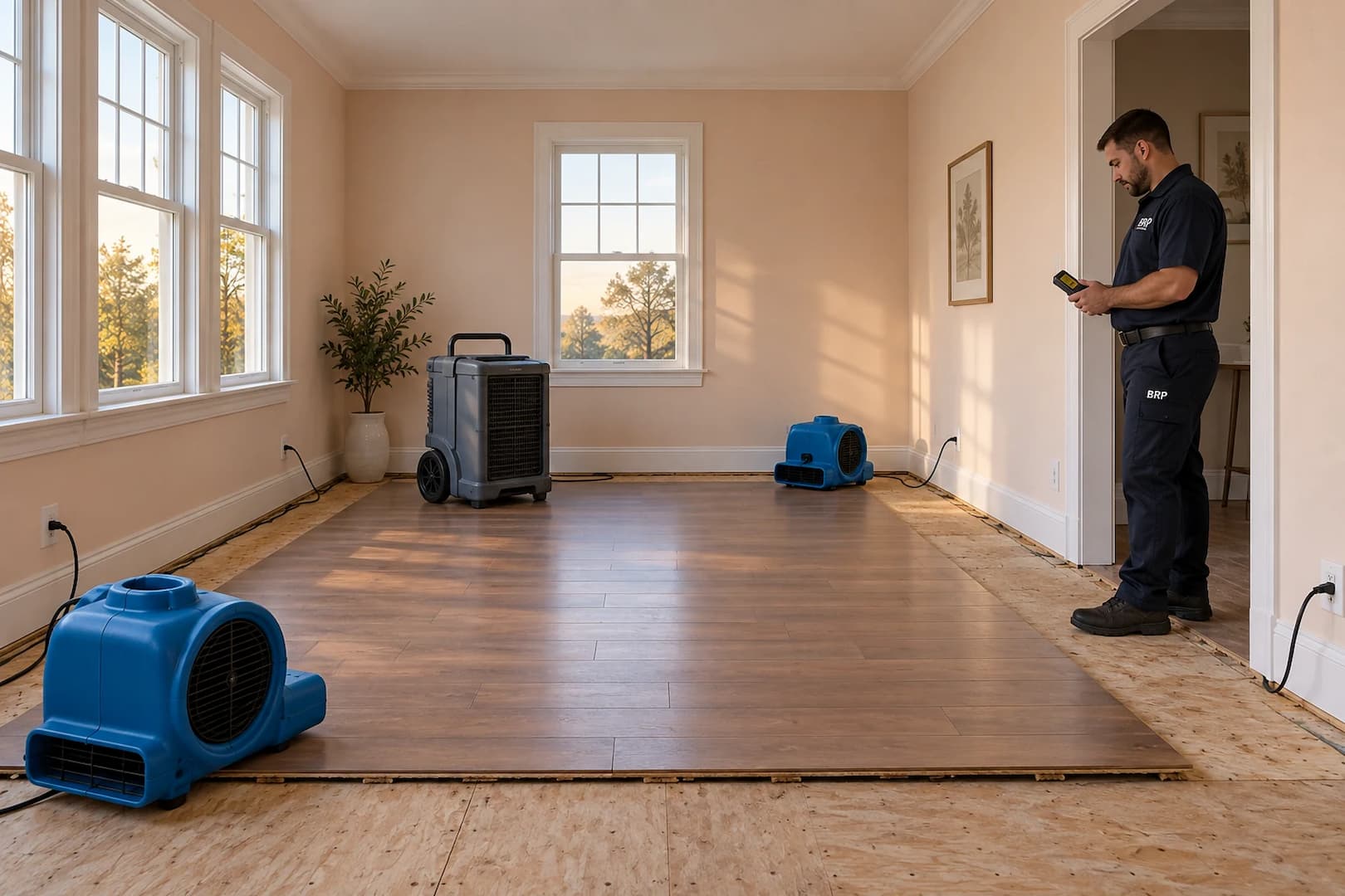 Air movers and dehumidifiers in a cleared room awaiting repairs