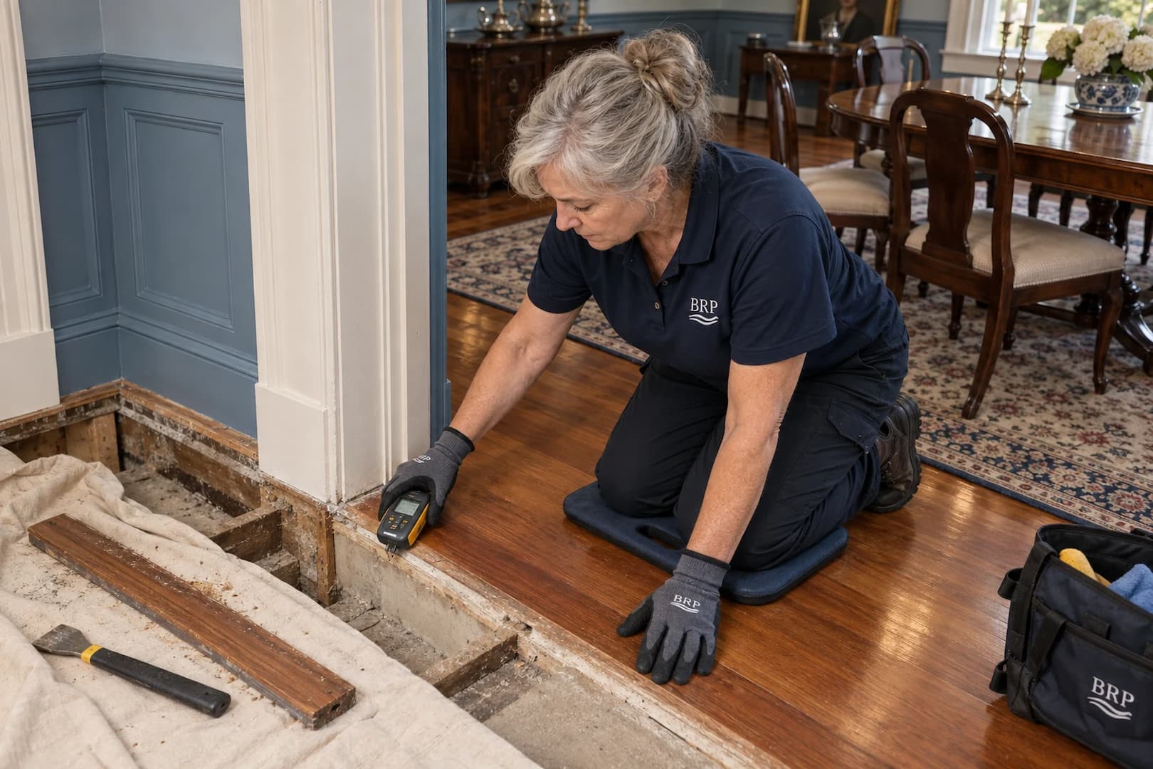 Moisture testing of a wood floor during a restoration assessment