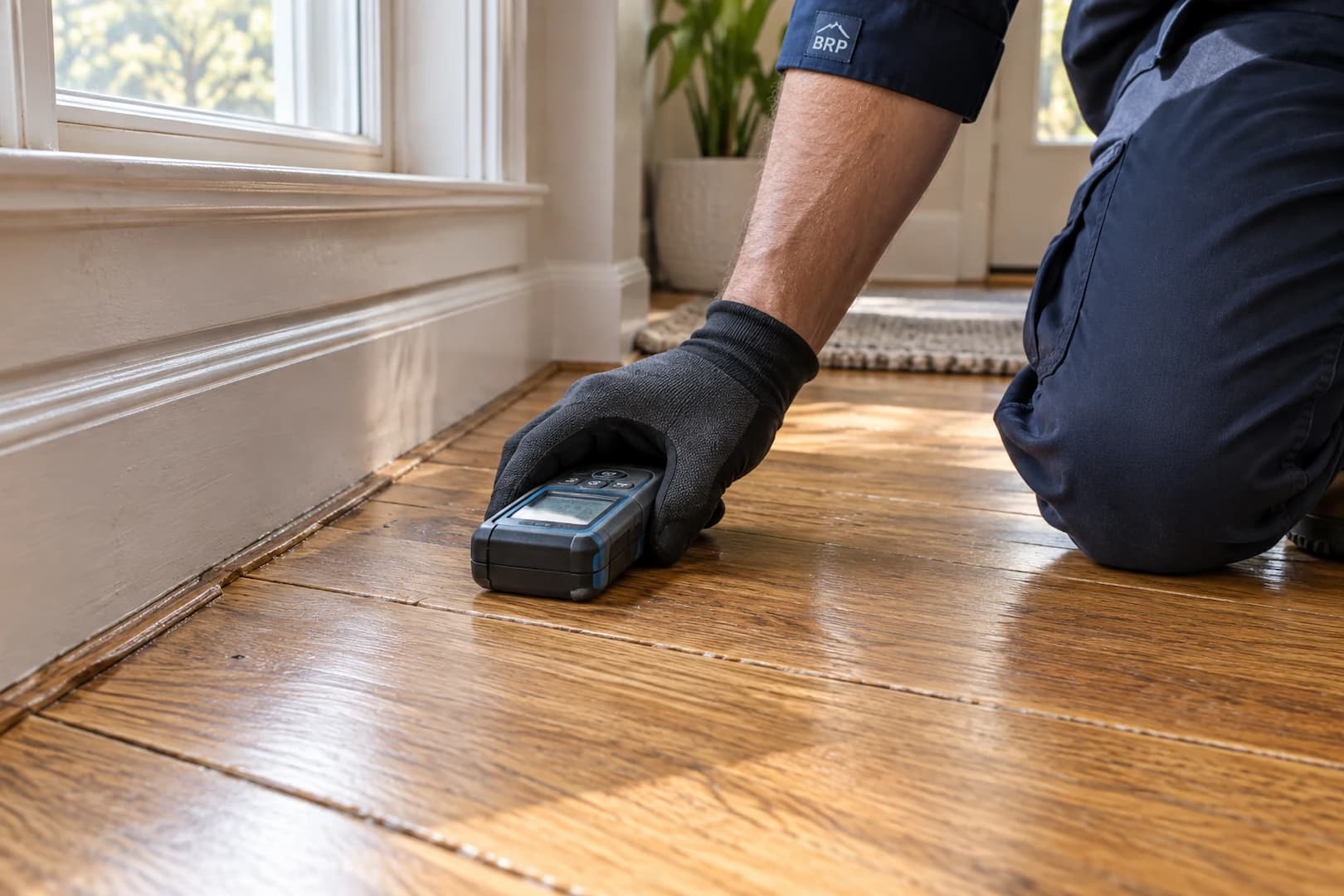 Technician checking moisture in wood flooring