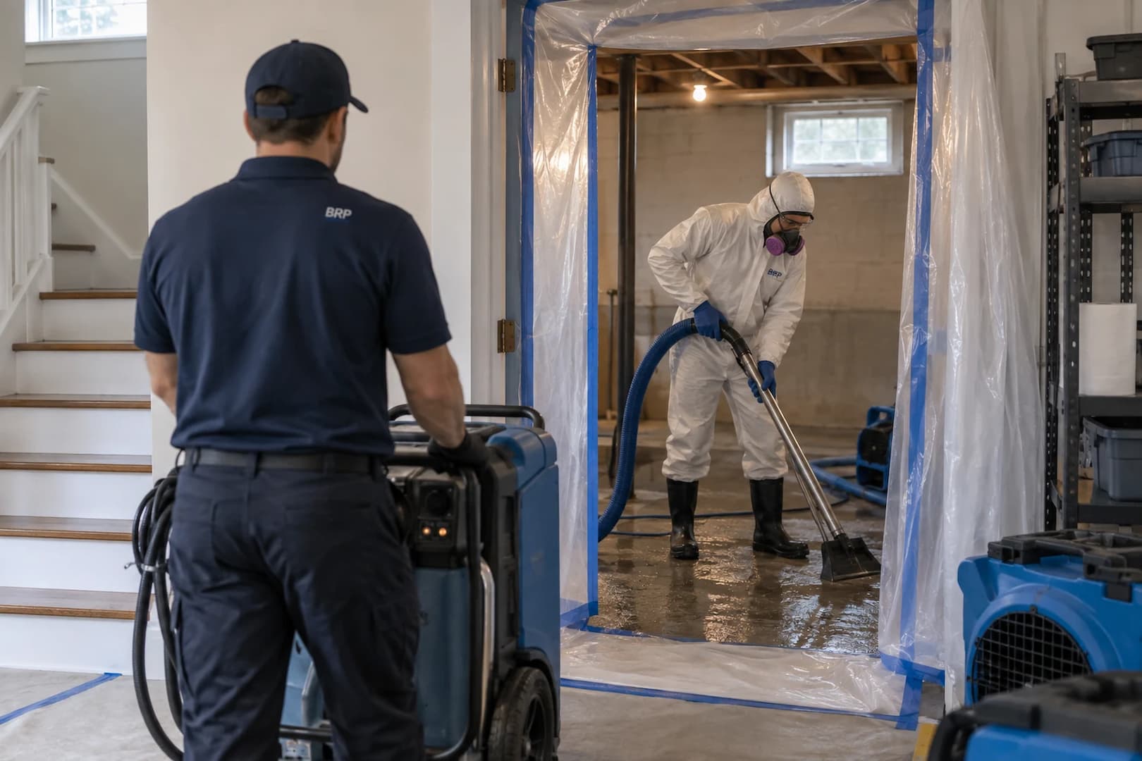 Protected restoration work area prepared for contaminated-water cleanup
