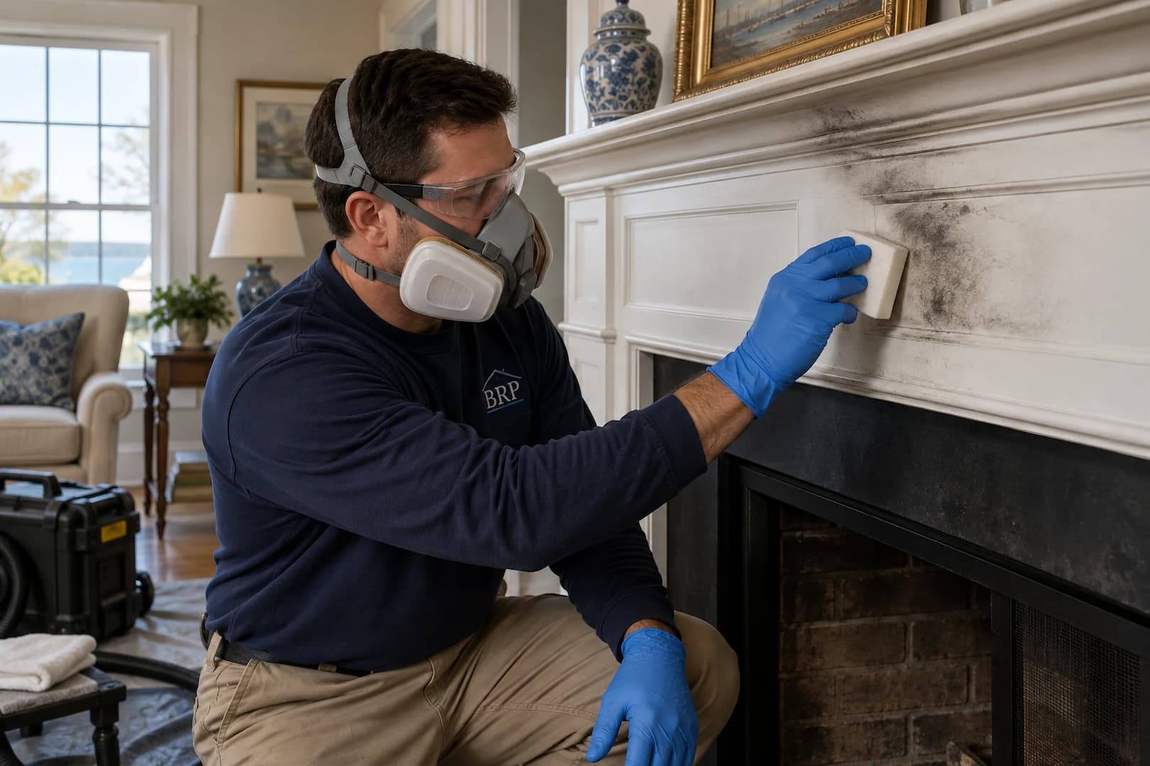 Careful soot cleaning on a mantel surface