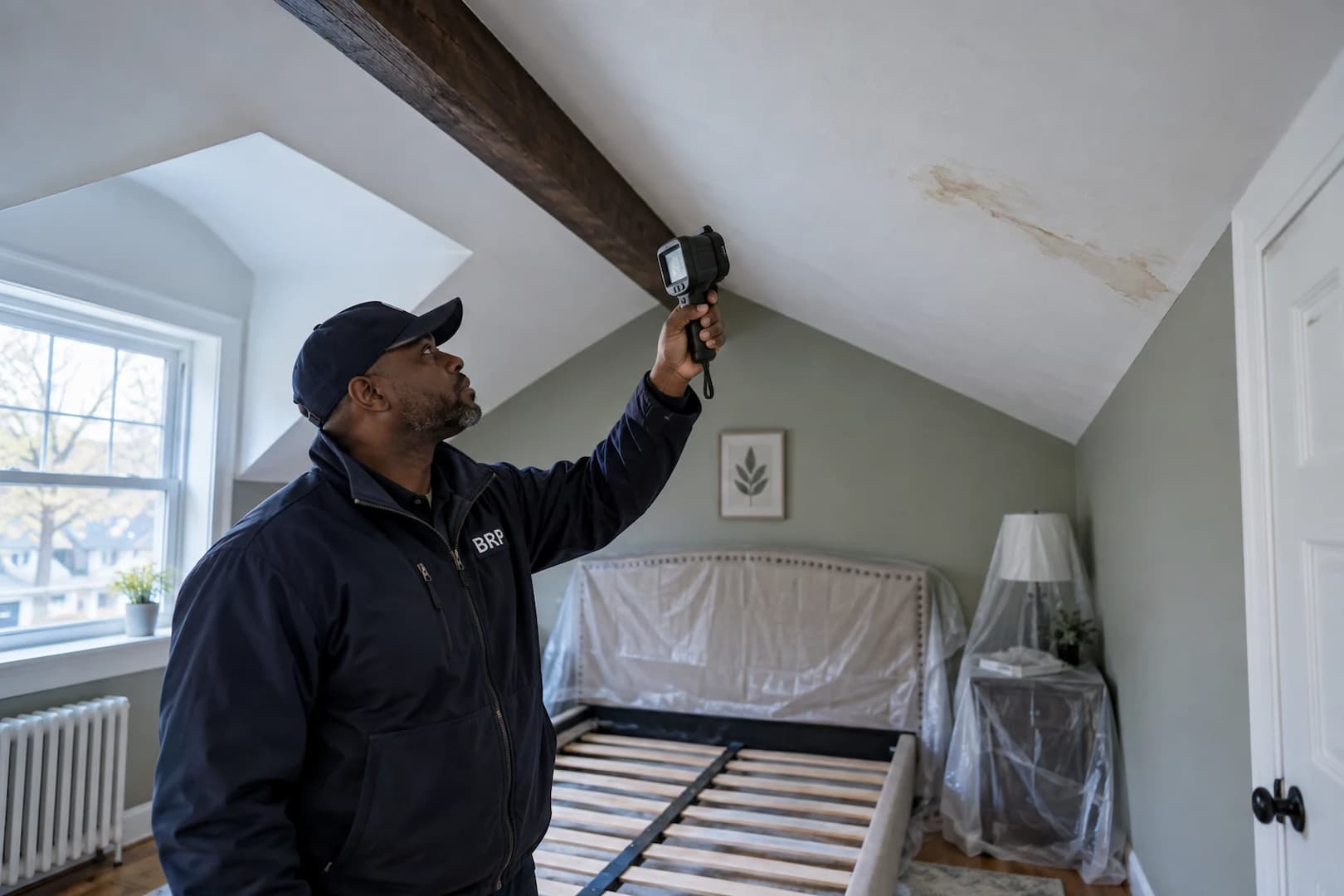 Restoration technician examining a water-stained ceiling