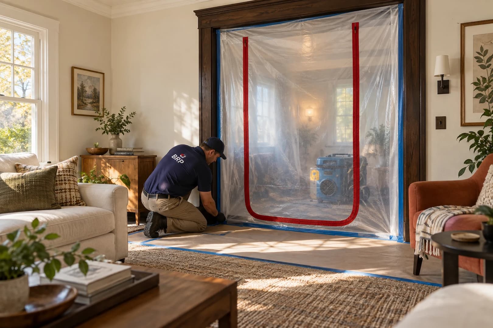 Zippered containment separating a restoration work zone from a clean room