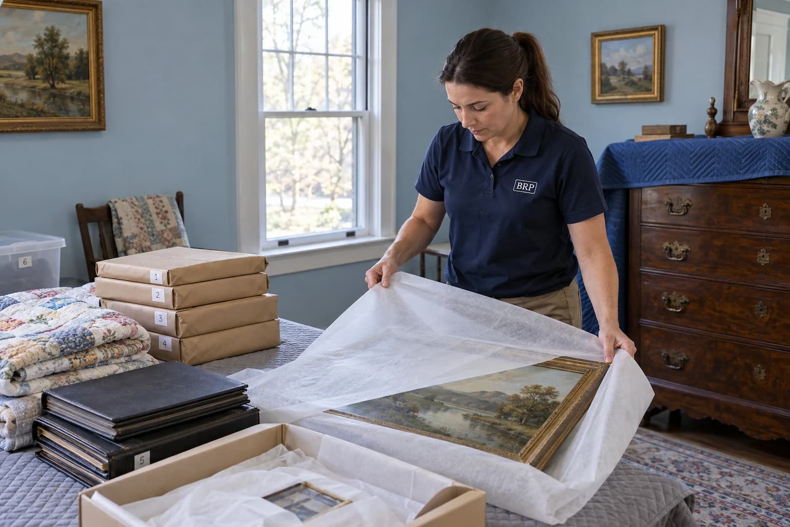 Dry household items being carefully packed for protection