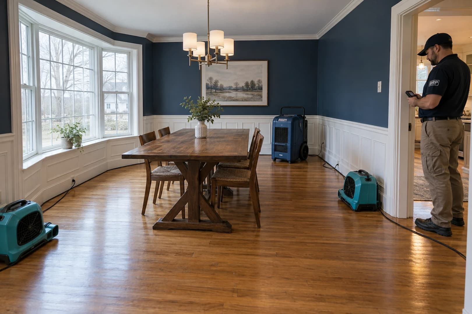 Air movers and dehumidification equipment arranged in a finished room