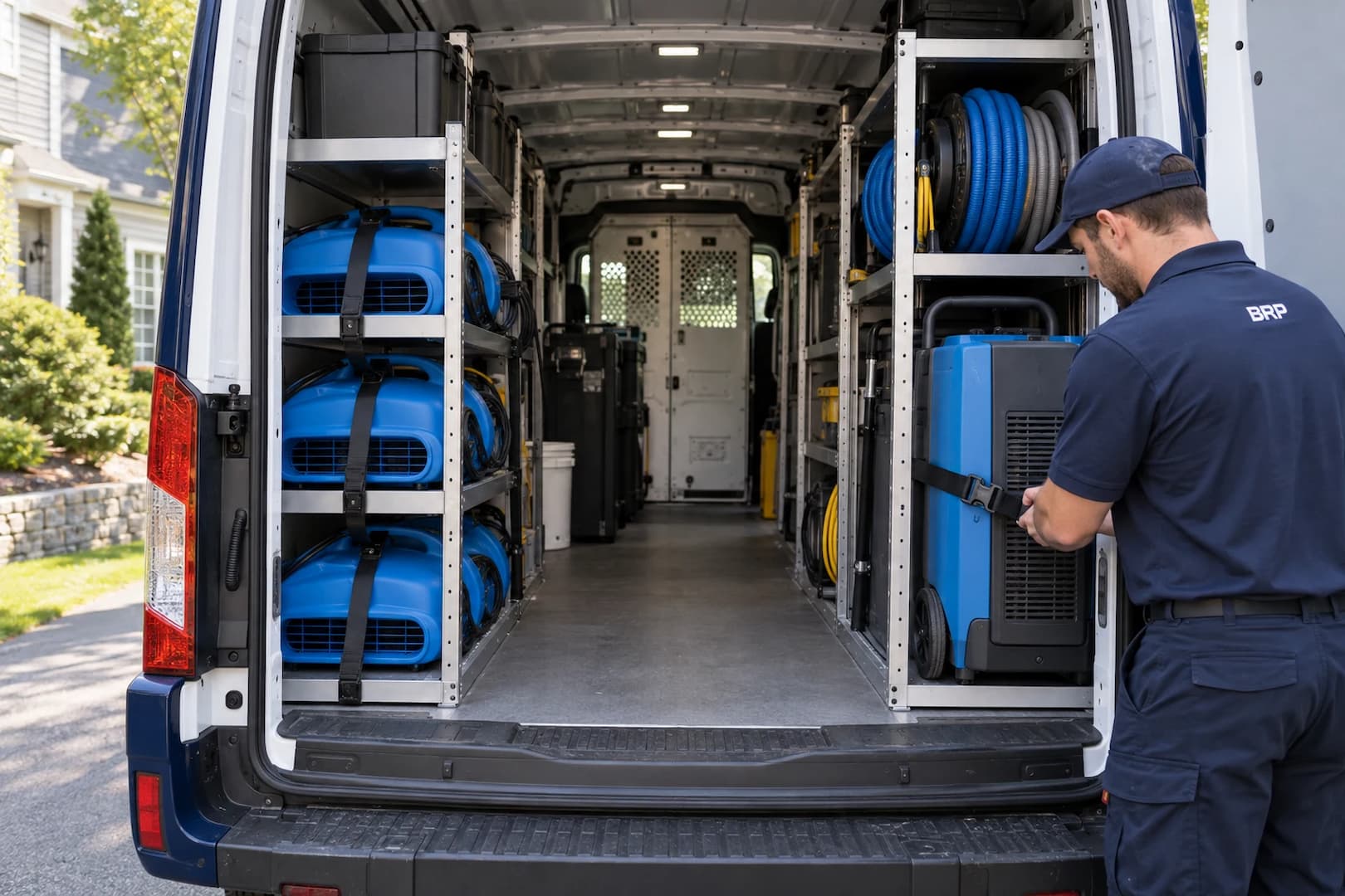 Organized restoration tools and equipment inside a service van